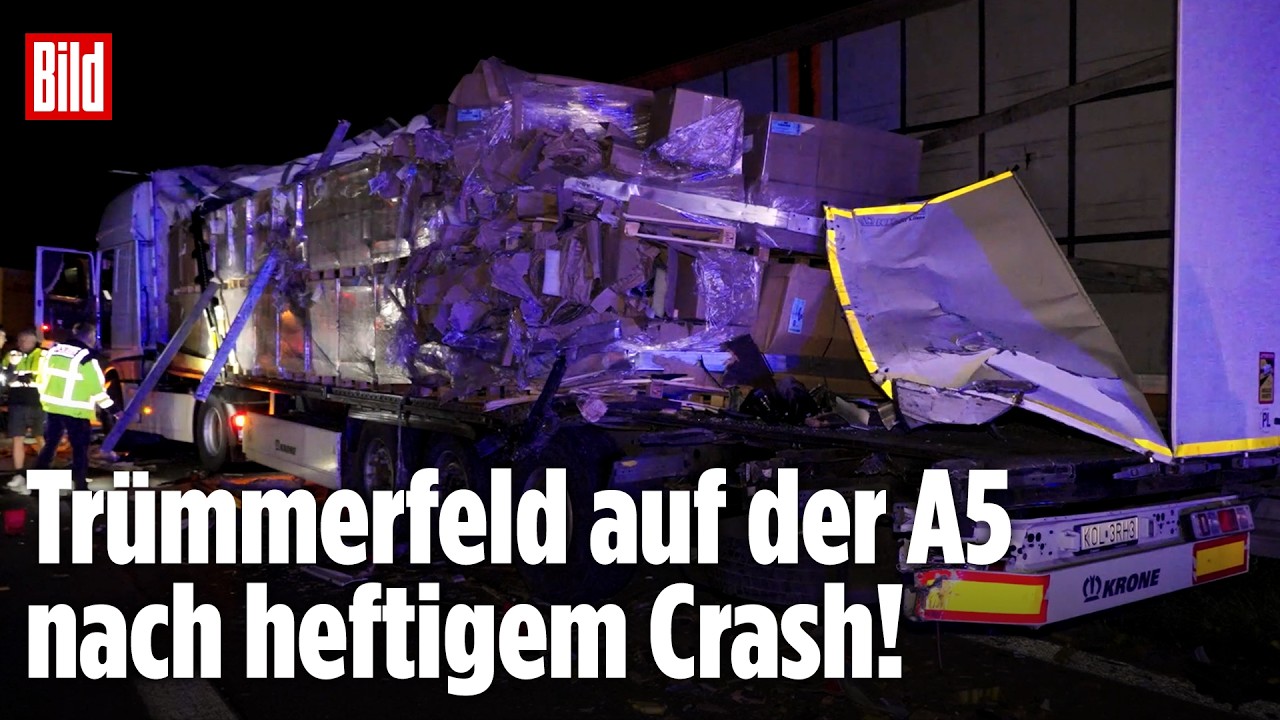 KARLSRUHE: Unfall auf der A5! DHL-Laster schlitzt Sattelzug auf! Post-Fahrer überlebt Crash mit Lkw