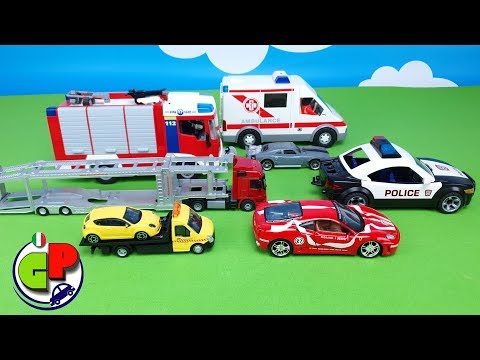 Automobili. Camion dei pompieri, ambulanza, auto della polizia vieni in soccorso