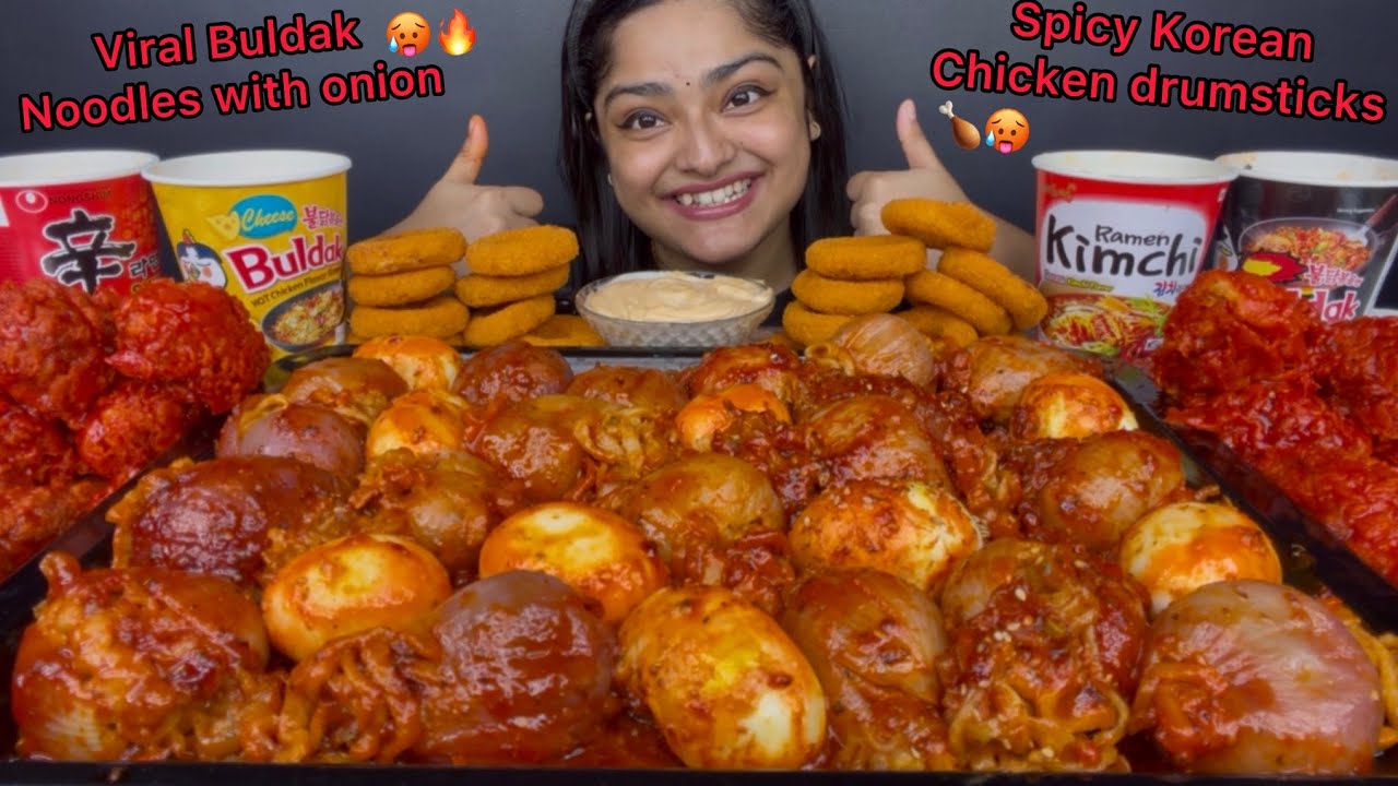VIRAL SPICY CHEESY BULDAK NOODLES ONION WRAP, SPICY KOREAN CHICKEN DRUMSTICKS, SPICY CUP NOODLES 