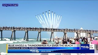 Blue Angels form 'Super Delta' in Pensacola Beach flyover with Air Force Thunderbirds