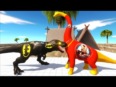 BATMAN T-REX VS IRON MAN BRACHIOSAURUS DEATH RUN - Animal Revolt Battle Simulator