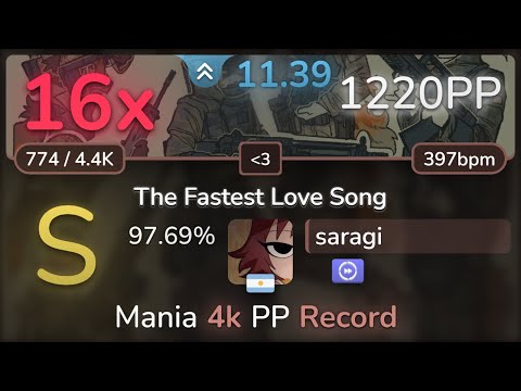[mania] 11.4⭐ saragi | Stellabee - The Fastest Love Song [:3] +MRDT 97.69% | 1220pp 16❌ - osu!