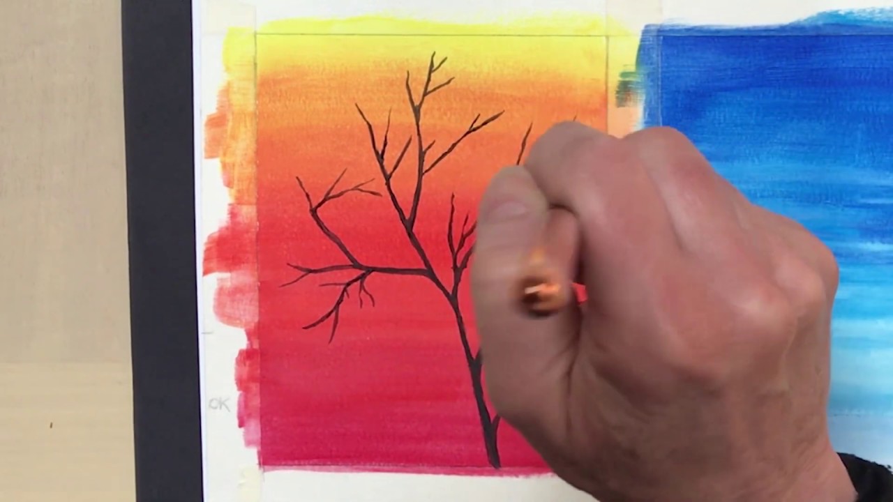 Paesaggio in controluce con sfondo colori caldi e freddi