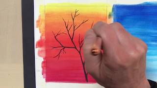 Paesaggio in controluce con sfondo colori caldi e freddi