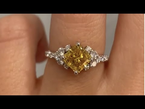 Loxlynn - Unique Diamond Cluster Platinum Engagement Ring with 1.25ct Princess Cute Yellow Diamond