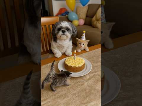 Kitten’s Birthday Party with Friends Eyeing the Cake