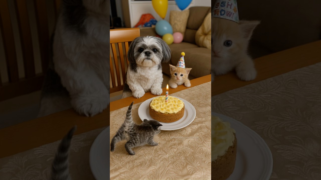 Kitten’s Birthday Party with Friends Eyeing the Cake