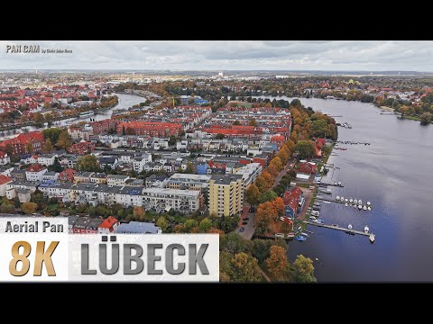 Lübeck, Germany: St. Jürgen, Innenstadt, St. Gertrud - Wakenitz - 180° Aerial Pan - 4K/8K - 0551