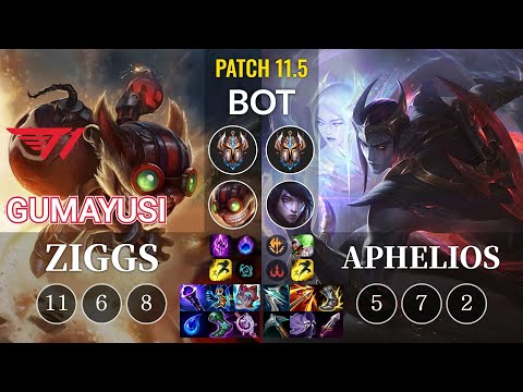 T1 Gumayusi Ziggs vs Aphelios Bot - KR Patch 11.5