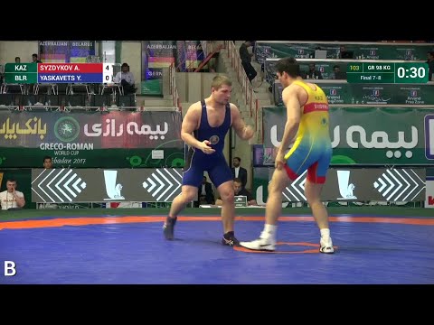 Final 7-8 GR - 98 kg: A. SYZDYKOV (KAZ) df. Y. YASKAVETS (BLR) by FALL, 8-0