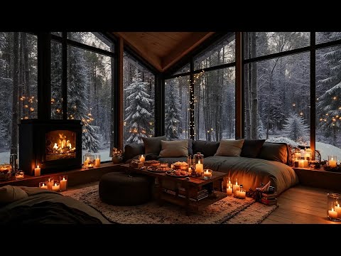 Ultimate Cozy Winter Cabin ⛄ Snowfall Outside, Soft Jazz & Fireplace Inside