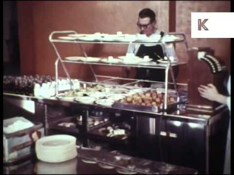 1950s Factory Cafeteria, Food, Lunch, Workers, Colour Archive Footage