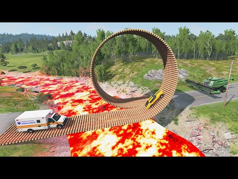 BeamNG.drive - Cars vs Impossible Loop Bridge Over Lava Pit