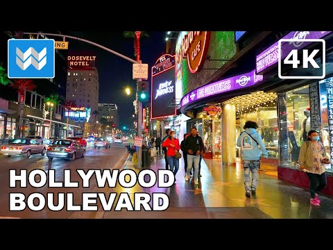 [4K ]🎄 Hollywood Boulevard at Night in Los Angeles, California - Christmas Walking Tour 🎧