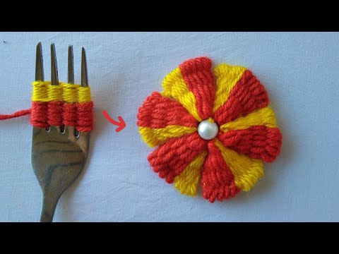 Amazing Woolen Flower Making Ideas with Fork - Hand Embroidery Easy Trick - Sewing Hack
