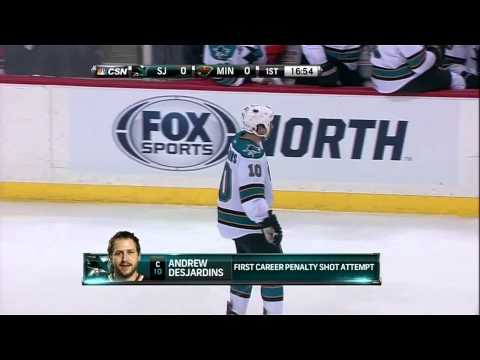 Andrew Desjardins penalty shot Mar 23 2013 San Jose Sharks vs Minnesota Wild NHL Hockey