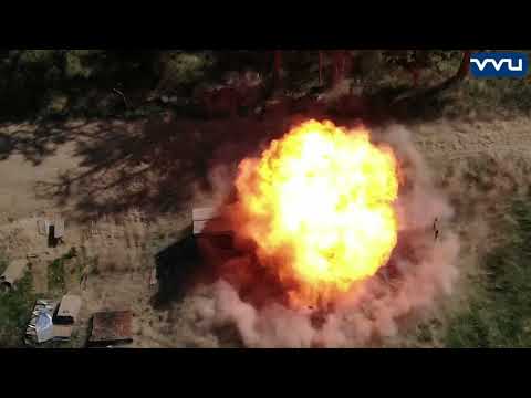 Explosion resistance test of 20 kg TNT from 5 m, drone shot.