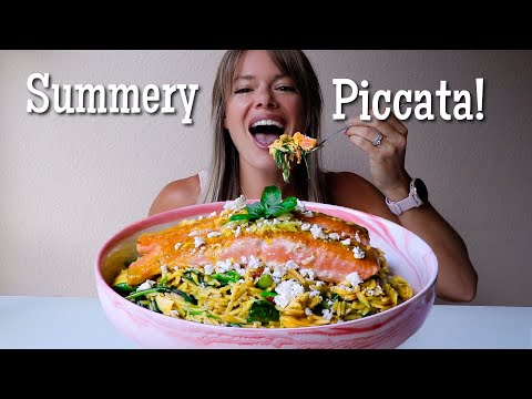 Summery Salmon Piccata w/ Veggie Orzo, Feta + Brown Butter Lemon Basil Vinaigrette!