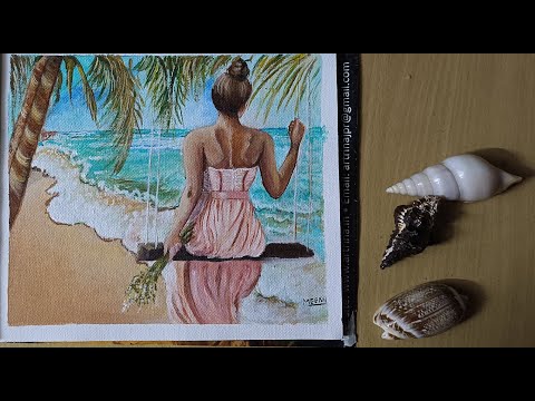 How to make sea painting l Canvas Painting l Acrylic painting l  Girl painting l  Beach painting