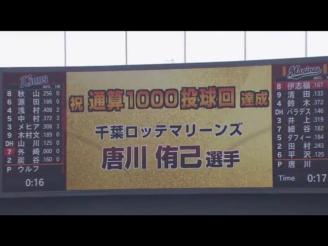 【1回表】マリーンズ・唐川 通算1000投球回達成!! 2017/4/16 M-L