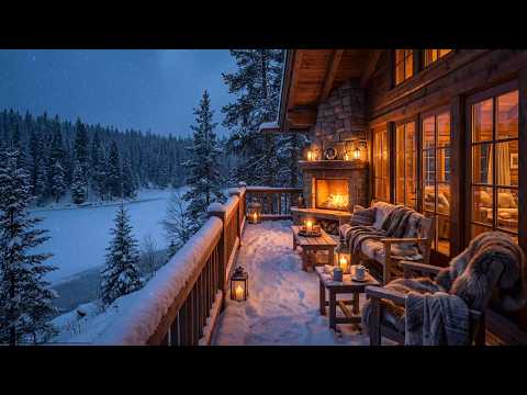 Relaxing Winter Jazz ❄️ Forest Cozy Terrace Ambience by the Fireplace for Study, Focus and Sleep