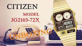 Citizen Retro Reissue JG2103-72X in gold tone, Ana/Digi, Dual Time, Thermometer, UNBOXING!,4K