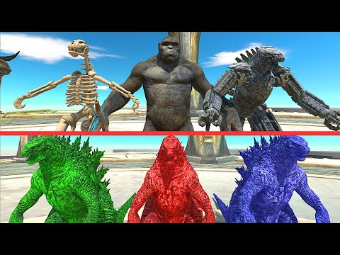 X3 GODZILLA VS MECHA GODZILLA AND KING KONG AND GODZILLA SKELETON - Animal Revolt Battle Simulator
