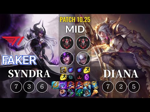 T1 Faker Syndra vs Diana Mid - KR Patch 10.25