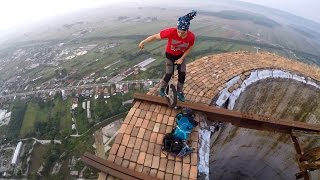 Unicycle on huge chimney in Targu Jiu
