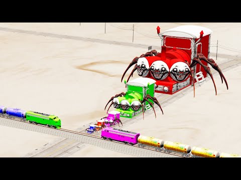 Choo Choo Charles Train Triple Head Big & Small Vs Trains Overlapping Rail Tracks - BeamNG.Drive