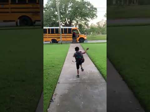 Little Boy Falls Onto Grass While Running to Catch School Bus - 1361653