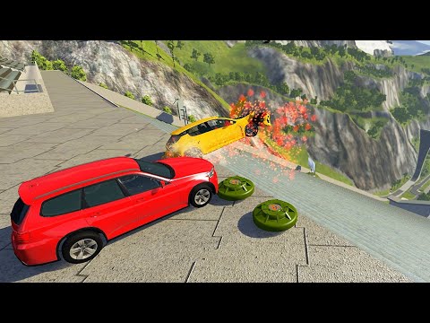 Stairs Jump Down With Giant Contact Mine - BeamNG.drive Cars Vs Mine (Big Explosion Crashes)