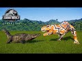 TYRANNOSAURUS REX VS DEINOSUCHUS CROCODILE JURASSIC DINOSAUR BATTLE JURASSIC WORLD EVOLUTION