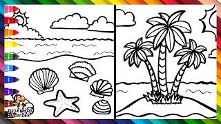 Desenhar E Colorir uma praia com conchas e uma ilha 🏖️🐚🏝️🌊🌤️🌈 Desenhos para crianças