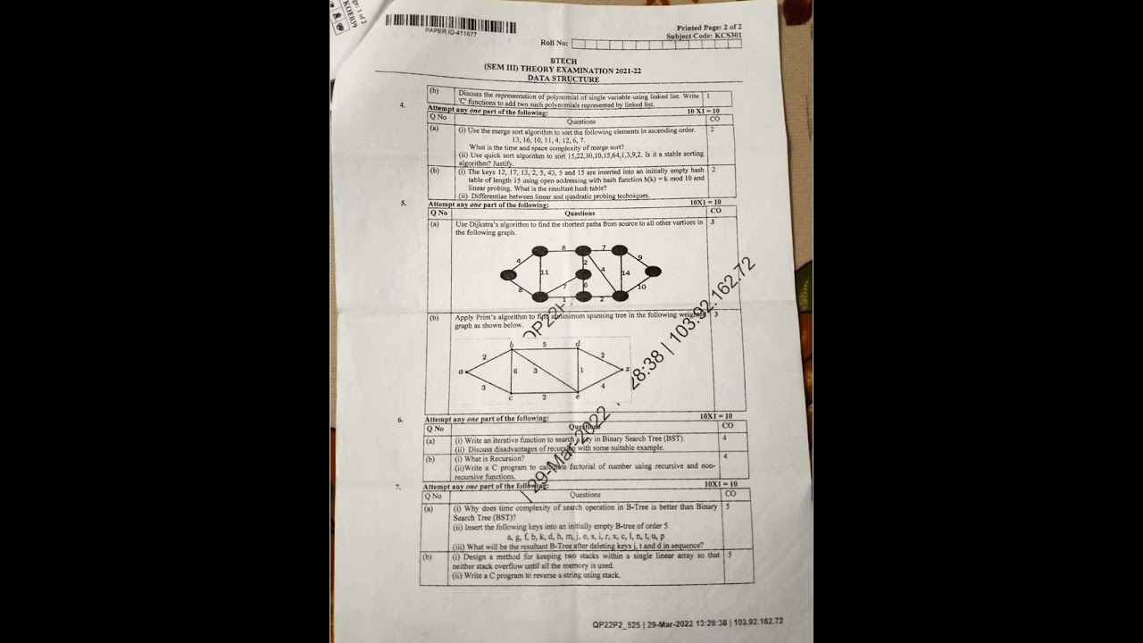 aktu b.tech 2nd year(3rd sem) paper of DATA STRUCTURE KCS - 301 2021-22