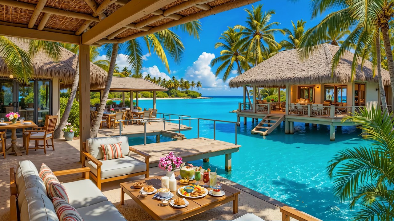 Seaside Cafe Ambience - Relaxing Bossa Nova Music with Soothing Ocean Waves for Uplifting Your Moods