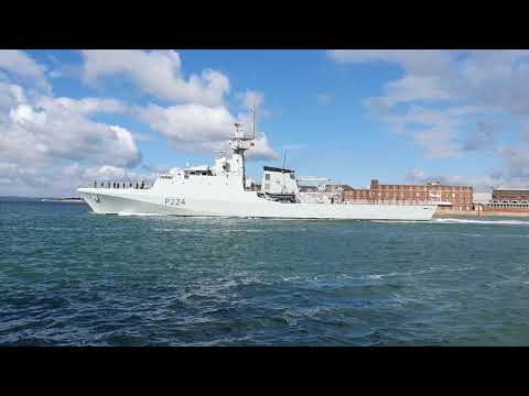 HMS Trent sailing out of Portsmouth   batch 2 river class opv