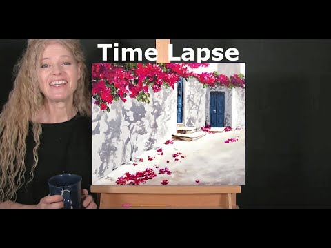 TIME LAPSE - Learn How to Draw and Paint "GREEK FLOWER ALLEWAY" Beginner Acrylic Painting Tutorial