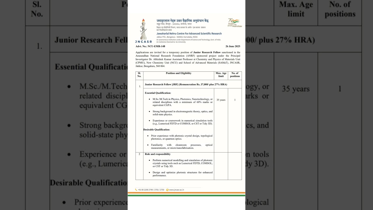 JRF recruitment at JNCASR. Last date to apply 15/07/2025. #jncasr #jrf #ChandanPathak