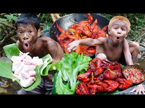 Primitive Technology - Kmeng Prey - Cooking Chicken Wing Recipe Eating Delicious