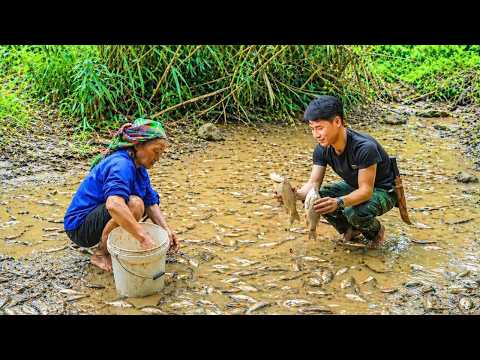 The elderly single woman and Trieu Khang catch stream fish to cook a traditional dish.