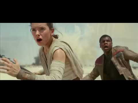 The Force Awakens official trailer frame with Rey, Finn, Kylo Ren, and the Millennium Falcon