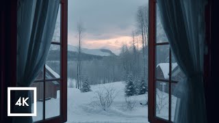 Snowy Cabin in Norway, Wind and Fireplace Sounds for Sleep and Study, ASMR