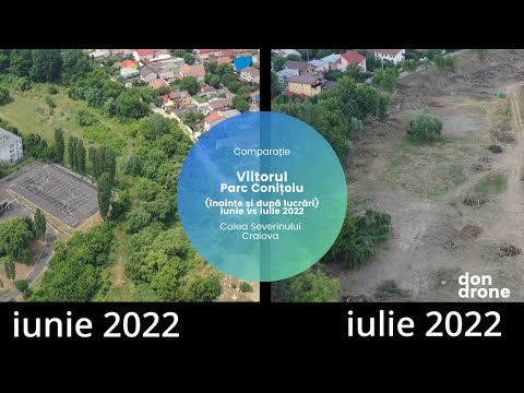 Comparație Viitorul Parc Cornițoiu - Craiova (înainte și după lucrări) iunie vs iulie 2022