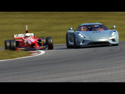 1997 F1 Ferrari F310 Michael Schumacher vs 2017 Koenigsegg Regera at Brands Hatch