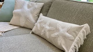 Beachy stuffed starfish pillows you can make with a candlewick bedspread and hot glue