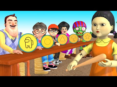 Squid Game (오징어 게임) vs Scary Teacher 3D Miss T and 3 Neighbor with Orange Candy Shape Challenge #20