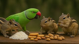 One Green Parrot Fight with three Chipmunks on food table - June 17, 2025