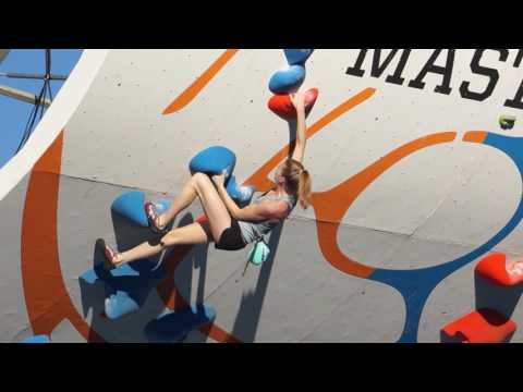 Tori Perkins & Joseph Catama climb during the Seeding Rounds of the 2017 Psicobloc Masters Series