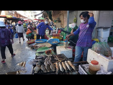Morning Food Market Scene @Takhmao Thmey Market - Walk Around Street Food at Phsa Takhmao Thmey